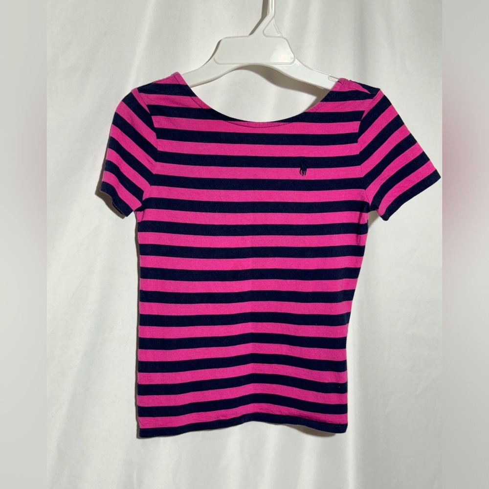 Polo Ralph Lauren Top Navy Blue and Pink Stripes Short Sleeves Girls Size 8-10